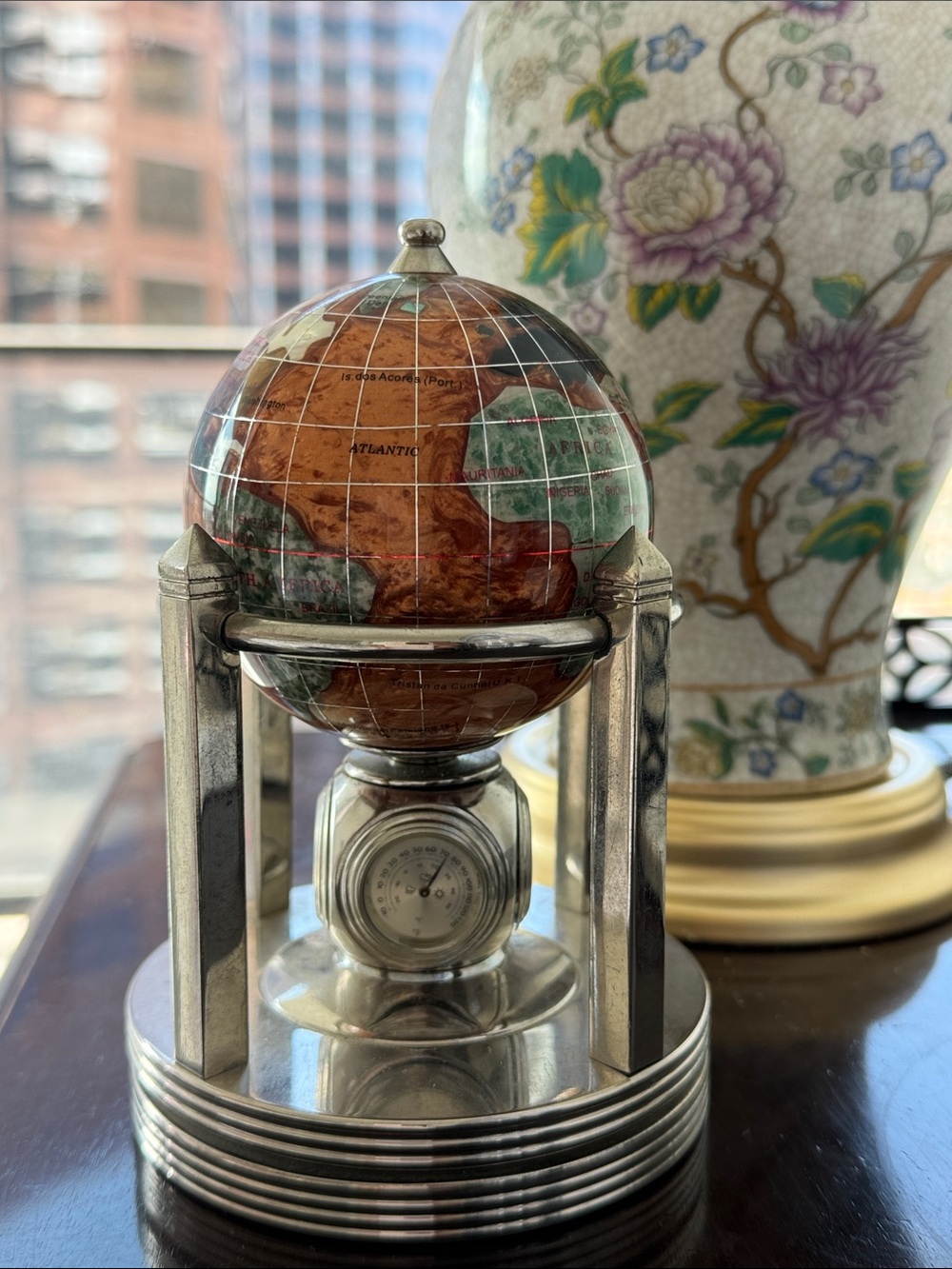 Inlay Amber Opalite Ocean Gemstone Rotating Globe with 4 Timepieces